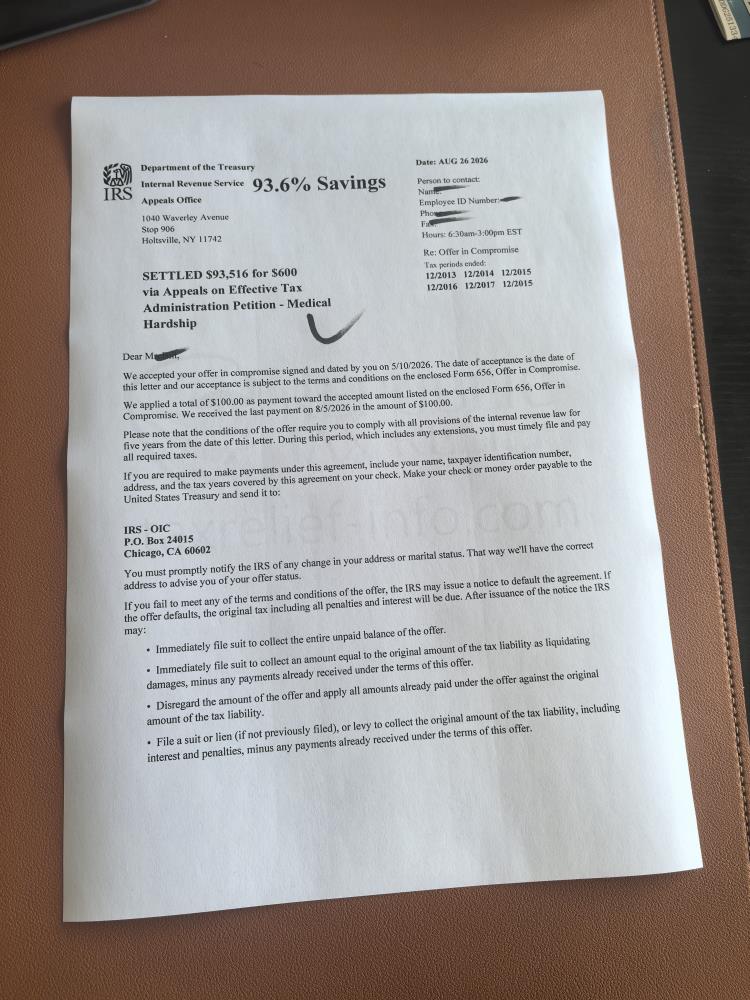Mr. Bill of Chicago received tax relief by settling his $93,516 tax debt for just $600, a 93.6% reduction.